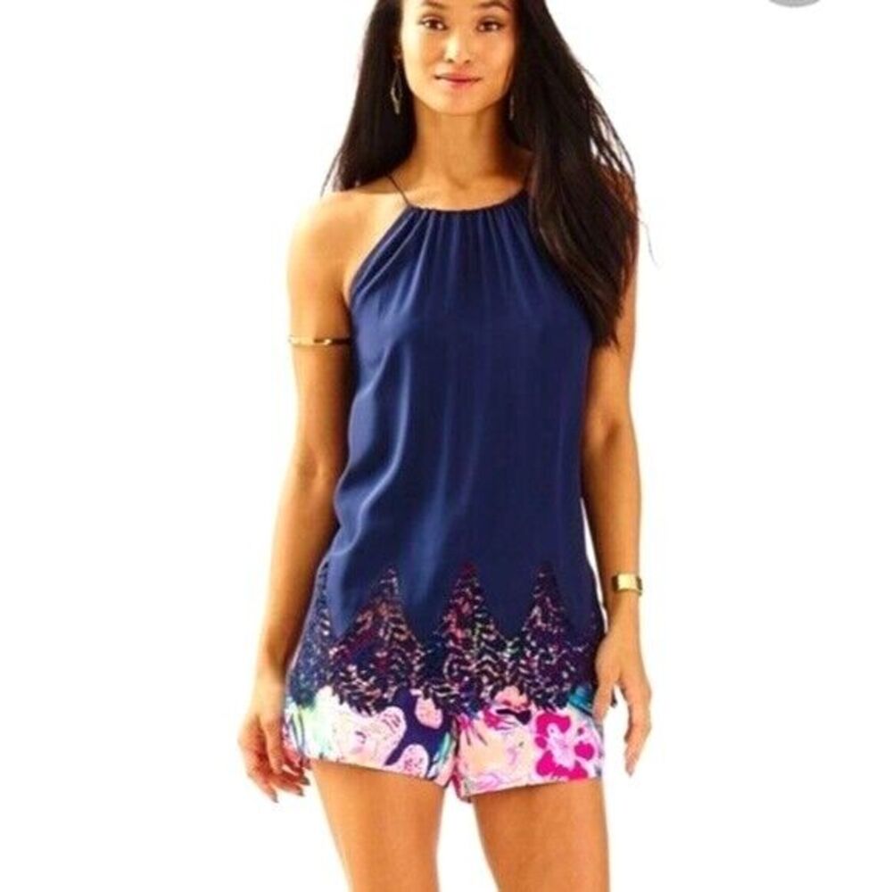 Lilly Pulitzer Per Diem Sleeveless Top 100% Silk Navy Blue